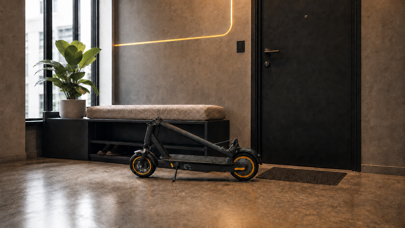 Folded Nova compact commuter e-scooter stored in a warm apartment entryway