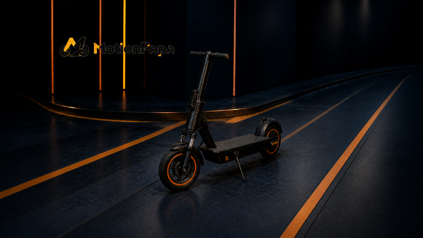 MotionPapa Nova commuter e-scooter with both solid tires visible on a dark navy route set