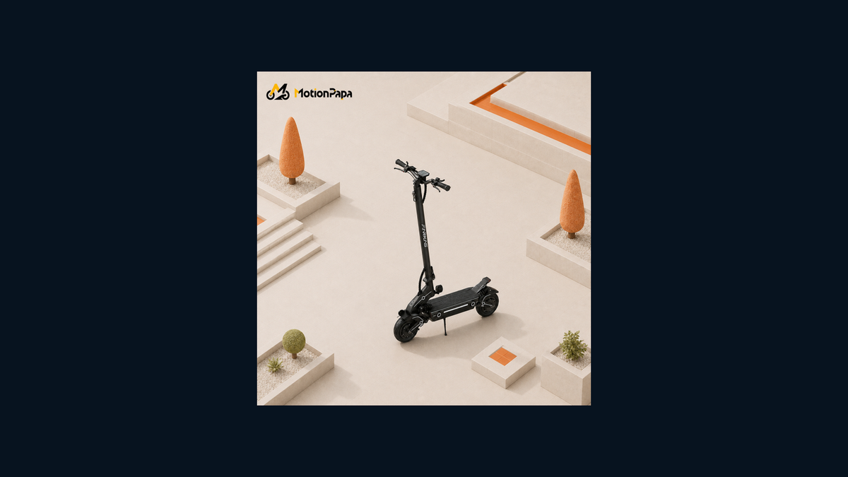 Black Farkas G1 Thor performance e-scooter on a warm architectural route set
