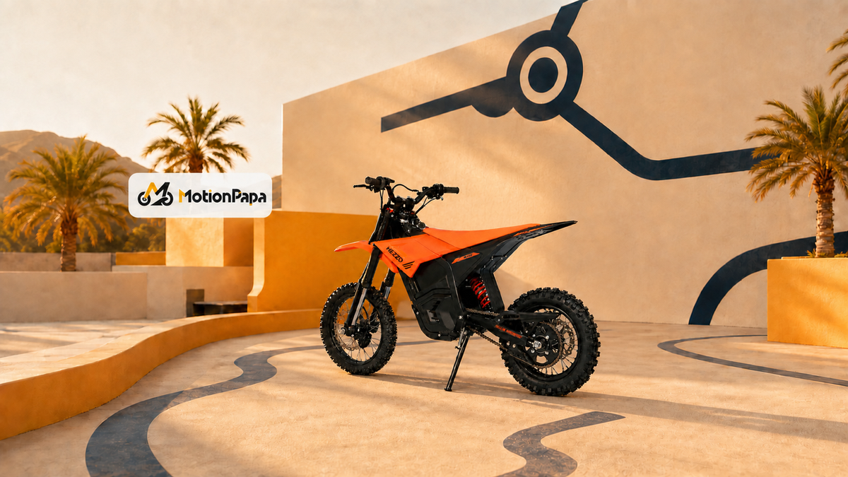 Orange and black Drogon D3 dirt e-moto with staggered knobby wheels for a 14/12 versus 17/14 wheel-size guide