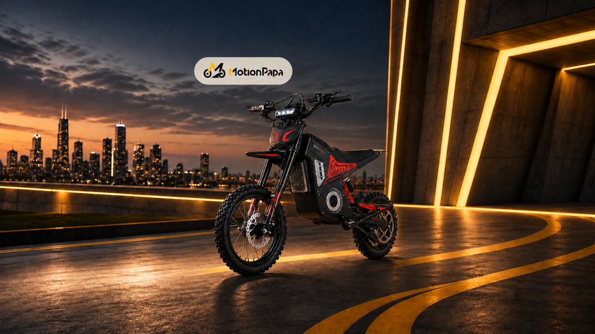 Black and red Freeboy Viper Y10 dirt electric moto on a dark amber-lit route for a Y66, Y88, and Y10 comparison