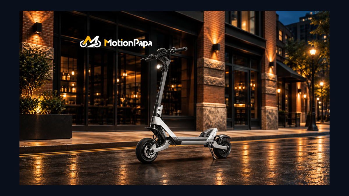 Silver Hezzo Vision F6 performance electric scooter on an evening city route with MotionPapa branding