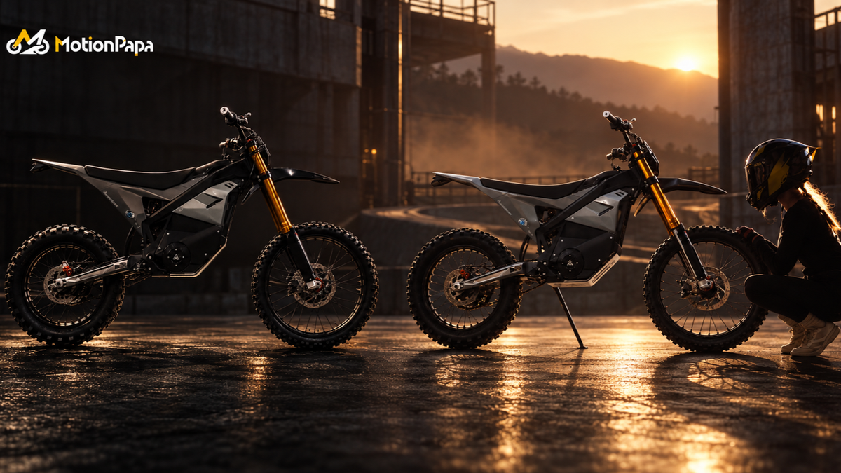 Zmey LA25 and Zmey RS LA35 dirt e-motos compared in an amber industrial route setting
