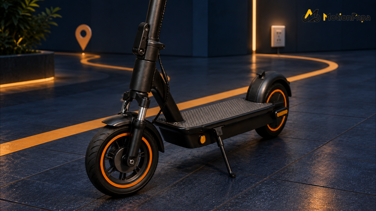 Hazzo Nova commuter scooter beside an amber route line and charging outlet in a MotionPapa setting