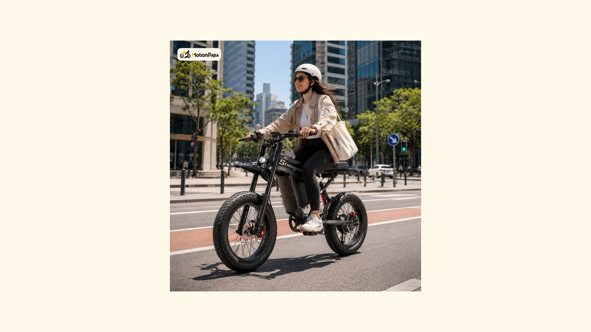 Helmeted rider on the verified Shengmilo Photon S900 in a city route scene with MotionPapa branding