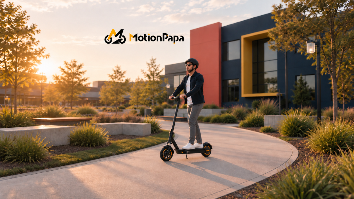 Helmeted rider on a Hazzo Nova scooter following a private campus route in a MotionPapa setting
