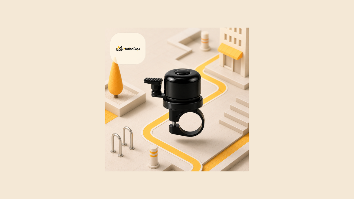 Black MotionPapa P20 concealed-locator bike bell over a warm miniature city route