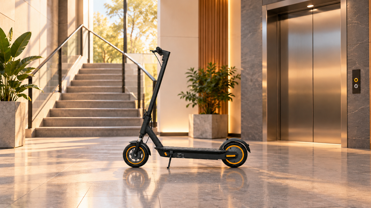 Hazzo Nova commuter scooter between apartment stairs and an elevator for access planning