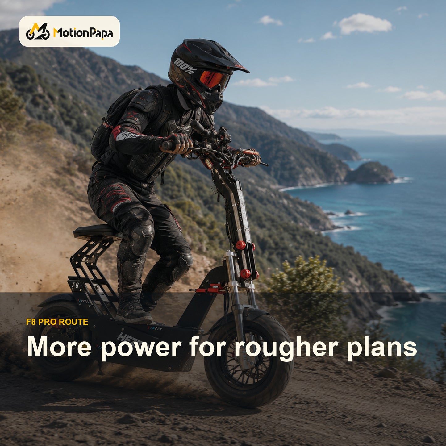 A rider in full black protective gear and a helmet with orange-tinted goggles is seated on a black electric dirt bike with a tall front fork, riding on a dirt path with a coastal mountain and ocean landscape in the background. MotionPapa branding and the text 'F8 PRO ROUTE' and 'More power for rougher plans' are overlaid.