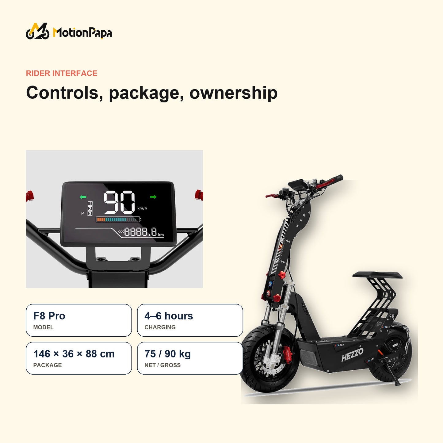 Promotional graphic for the MotionPapa F8 Pro electric scooter, showing the digital rider interface display on the handlebars and a full side view of the black and silver scooter with red accents on a light beige background with text specifications.
