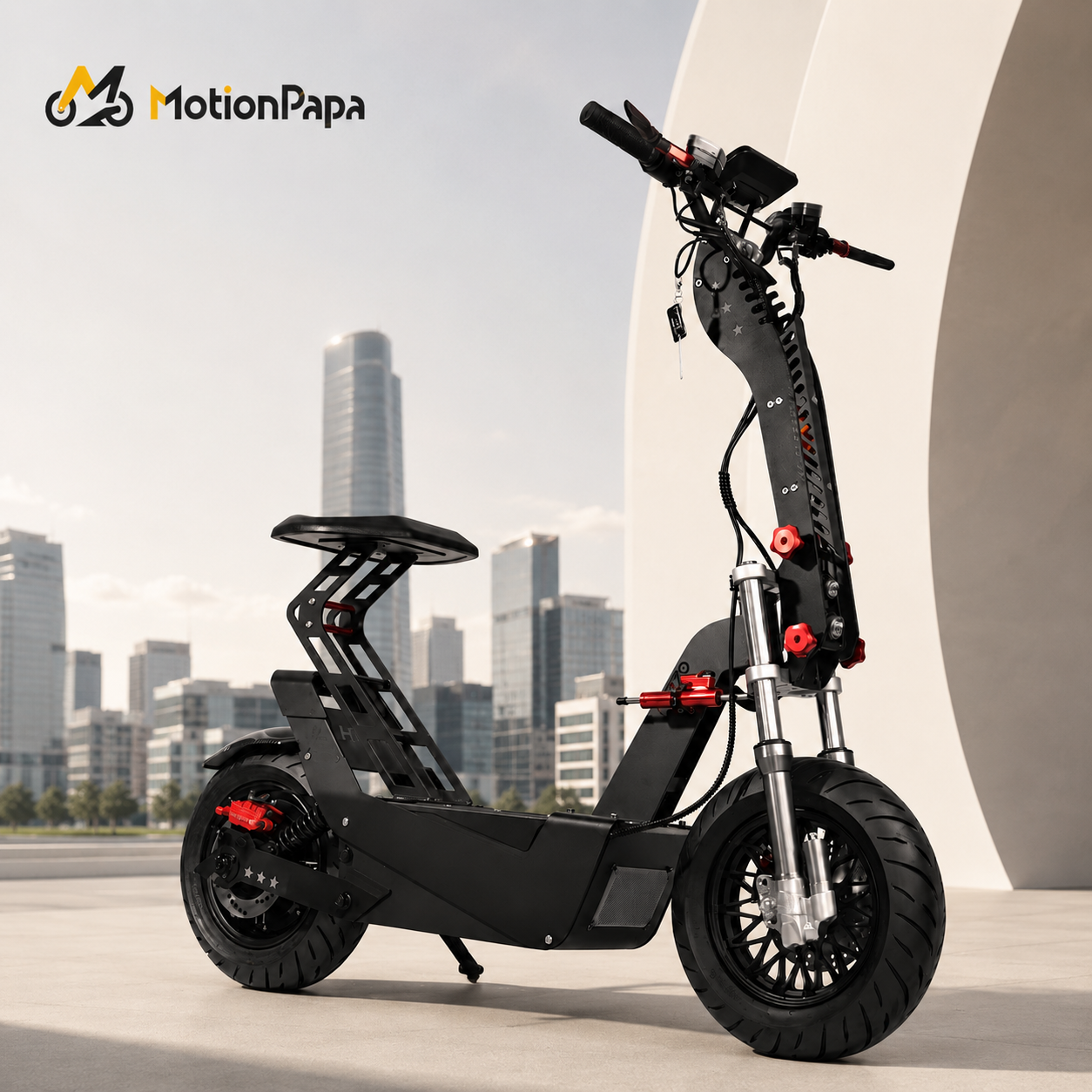 A black electric scooter with red accents and a step-through frame, shown outdoors in front of a modern city skyline. The MotionPapa logo is visible in the top left corner.