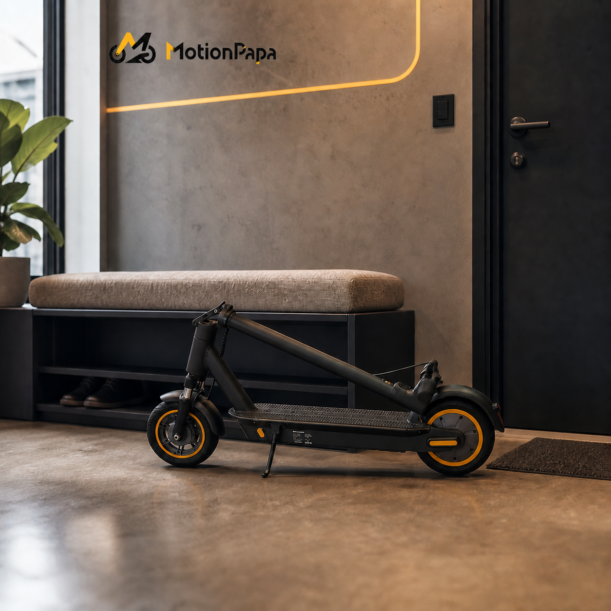 MotionPapa Nova folded compact commuter e-scooter in a branded modern entryway