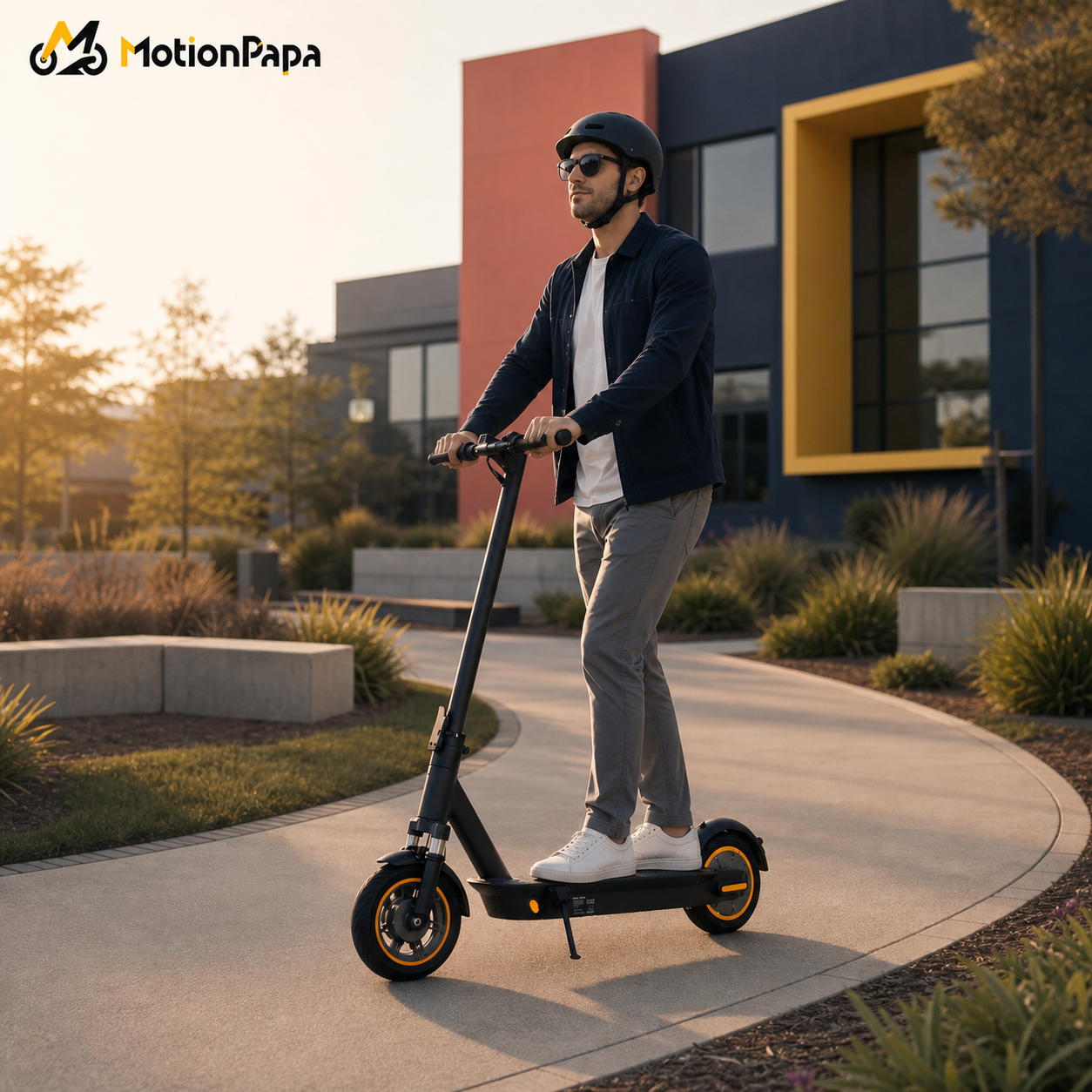 Helmeted rider using MotionPapa Nova on a private campus mobility path