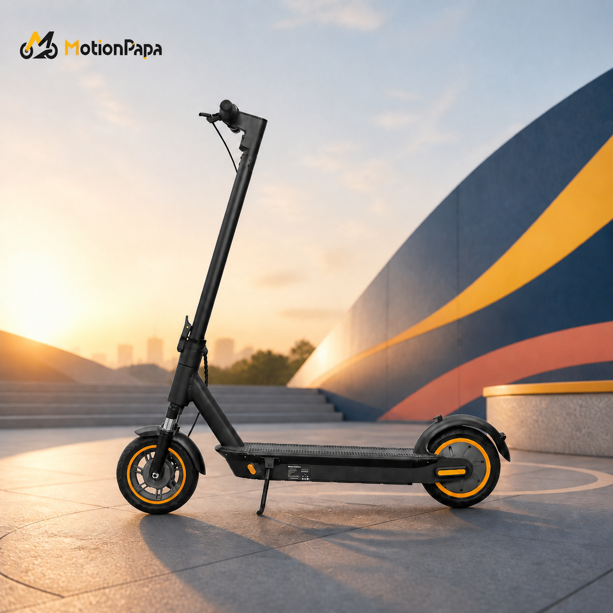 MotionPapa Nova compact commuter e-scooter in a branded urban setting