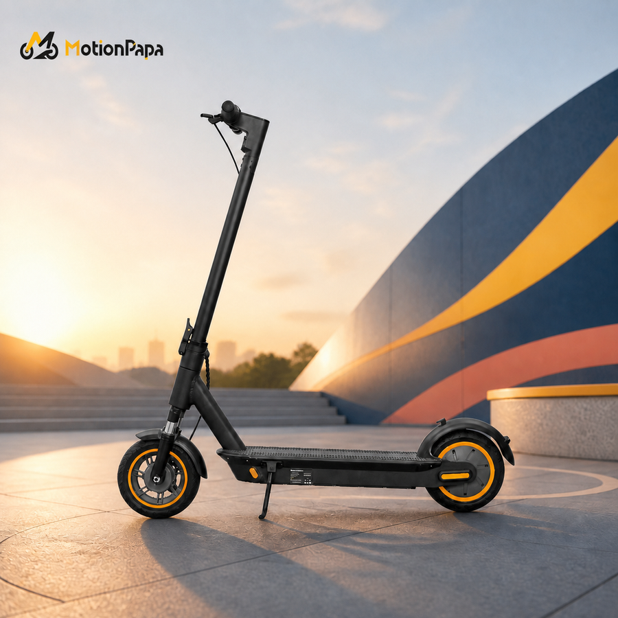 MotionPapa Nova compact commuter e-scooter in a branded urban setting