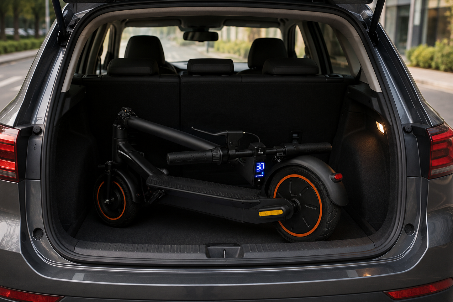 MotionPapa Nova folded inside a vehicle trunk for storage reference