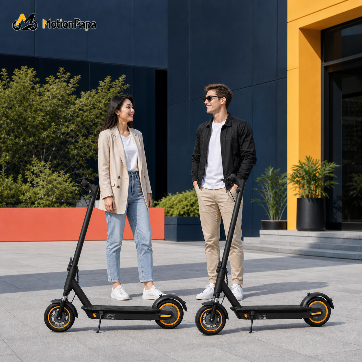Two commuters standing beside parked MotionPapa Nova scooters in a pedestrian plaza