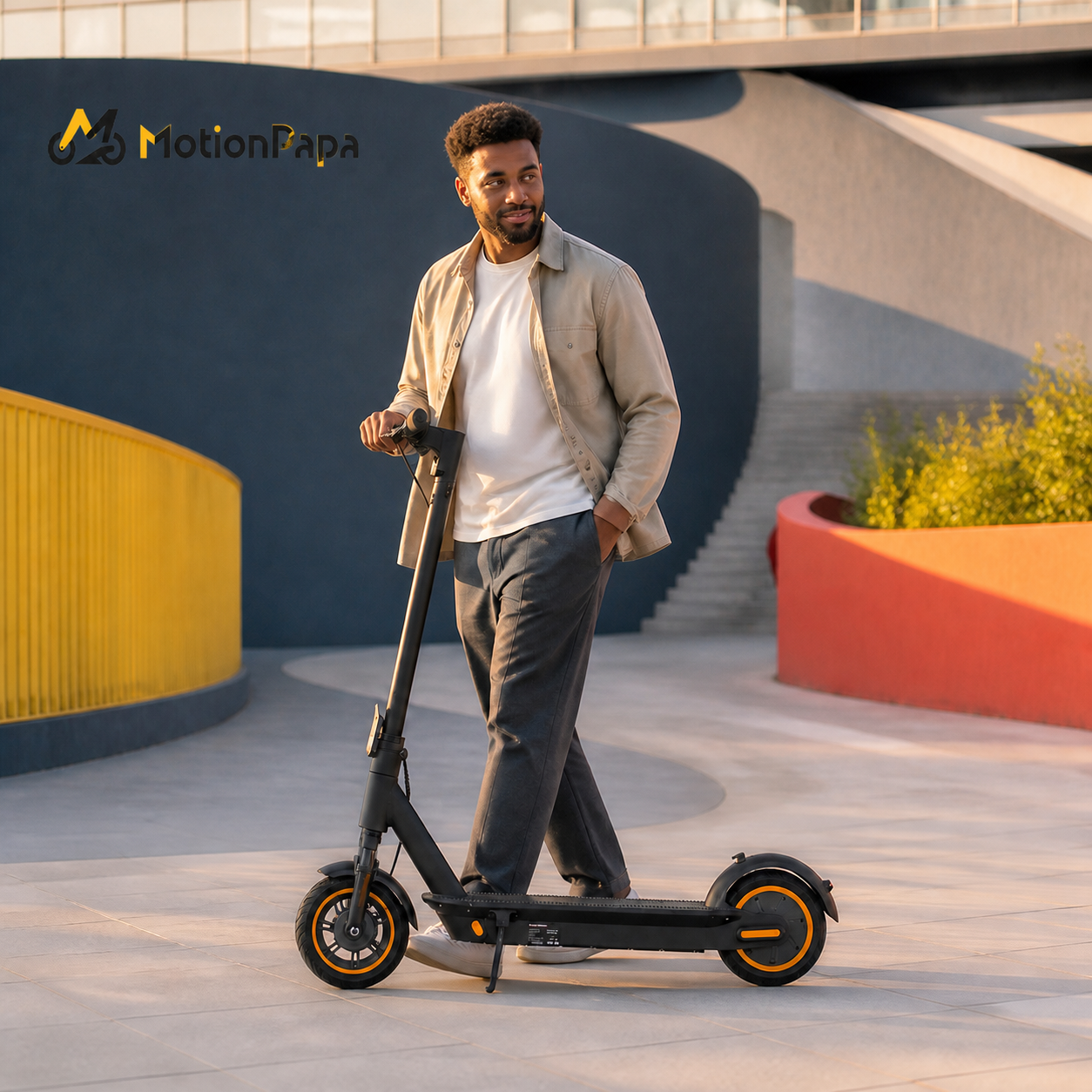 Commuter walking beside a branded MotionPapa Nova e-scooter in an urban plaza