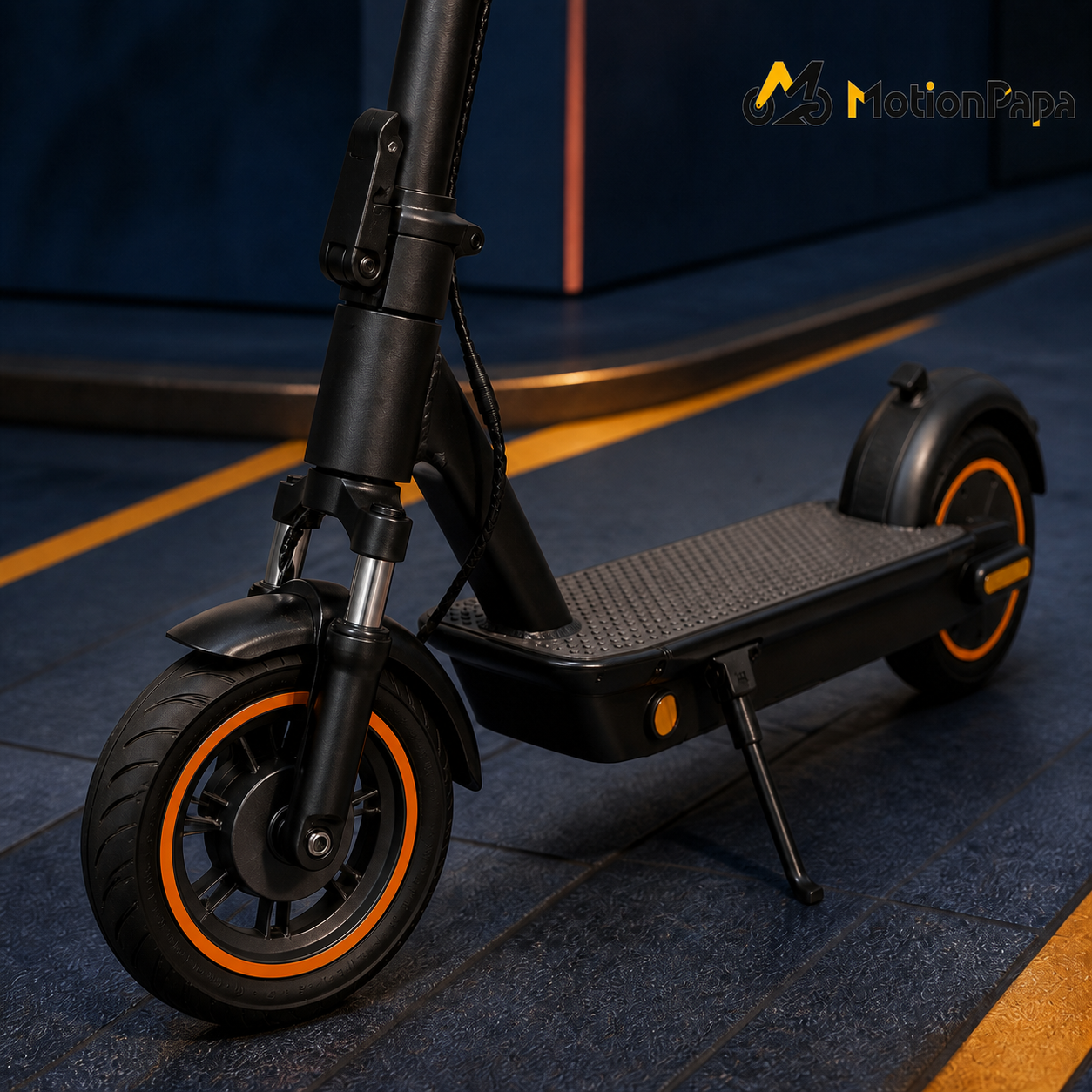 MotionPapa Nova branded front wheel, deck and frame detail