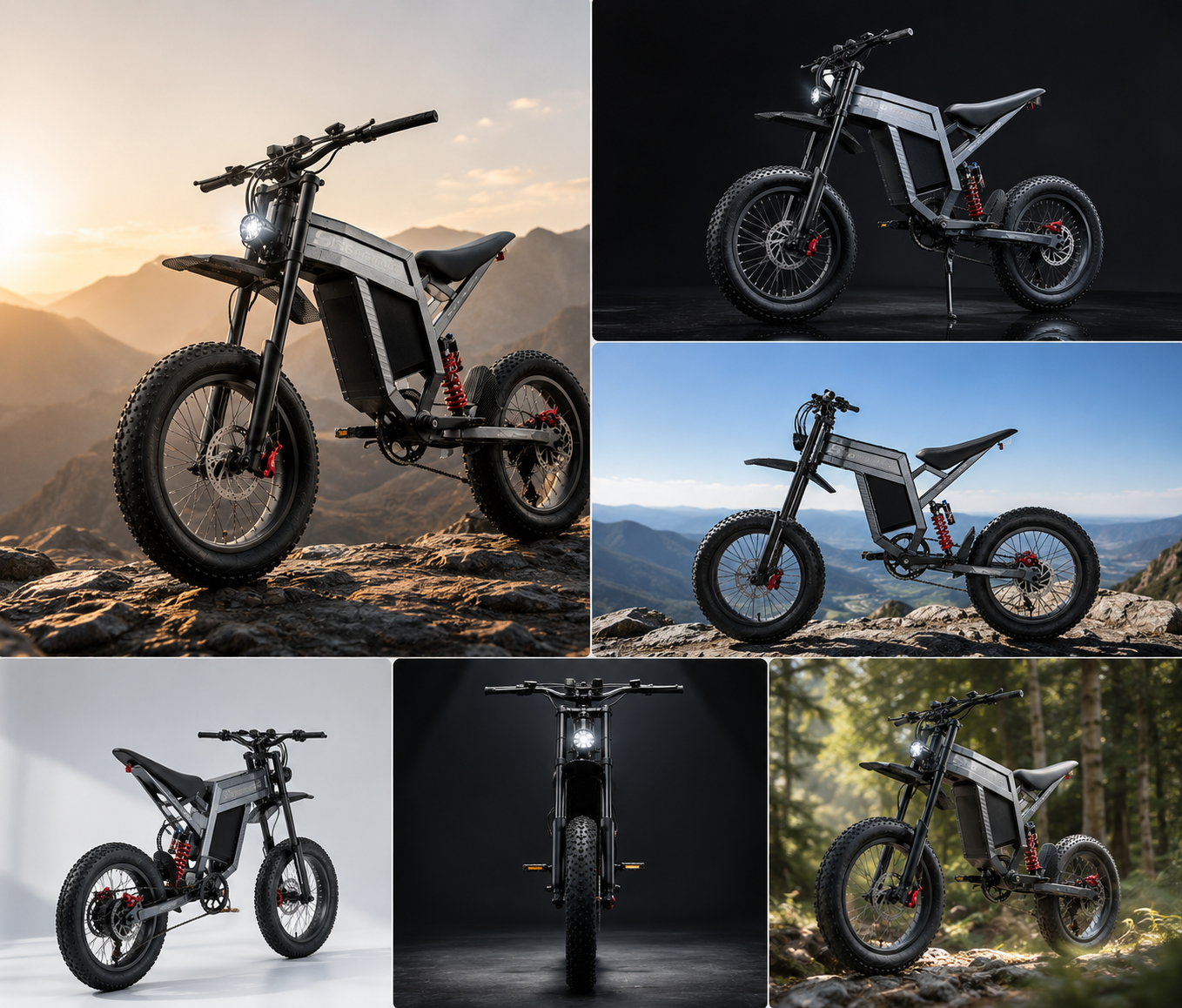 Electric bike details across city, mountain and studio settings